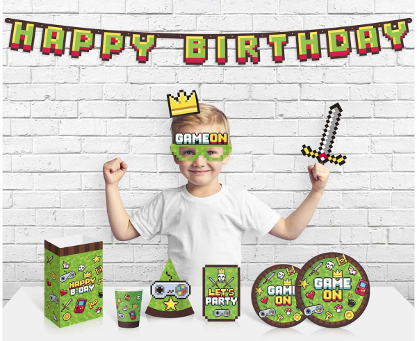 Банер гирлянд Майнкрафт / Game On, с текст Happy Birthday, 1,6 м дължина /Gd/