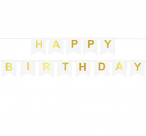Банер Happy Birthday, бял със златни букви /Pp/