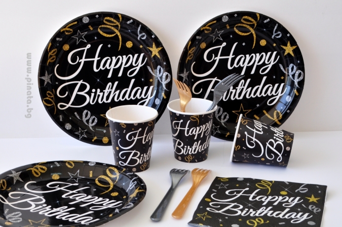 Хартиени парти чашки Честит Рожден Ден /Happy Birthday, черна със златни и сребърни конфети 8бр пакет