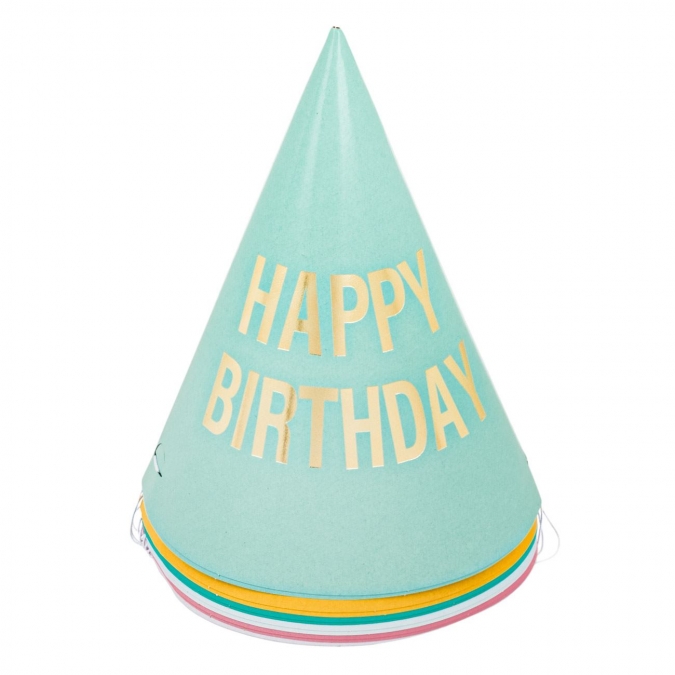 Парти шапки с фолиев златен надпис Happy Birthday, 12 бр. пастелни цветове /Mb/