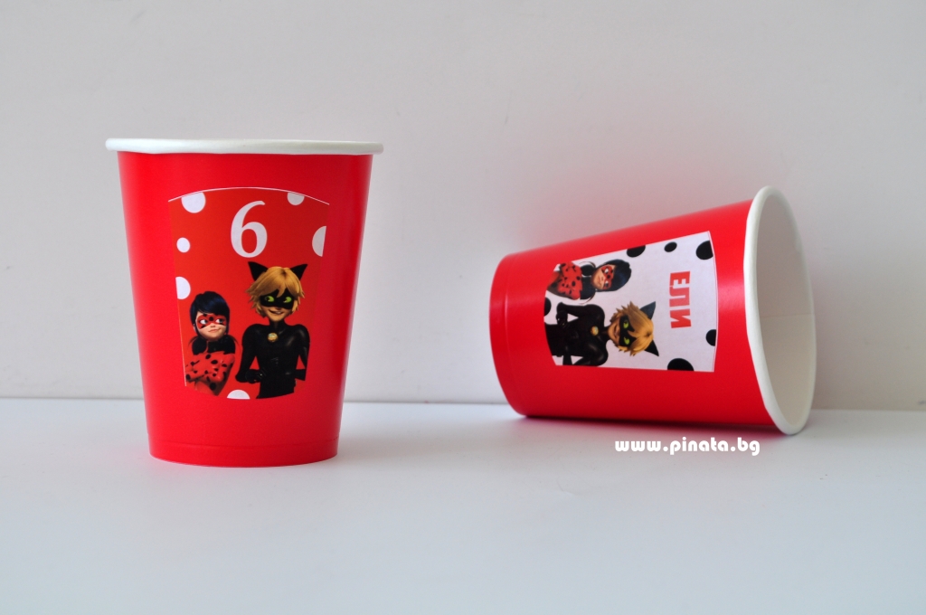 Персонализирана хартиена парти чашка 250 мл Калинката и Черния Котарак, 6бр. пакет
