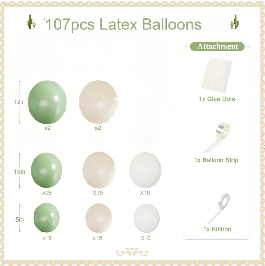 Комплект за арка 107 бр. балони в зелено, лате и бяло /Ch/