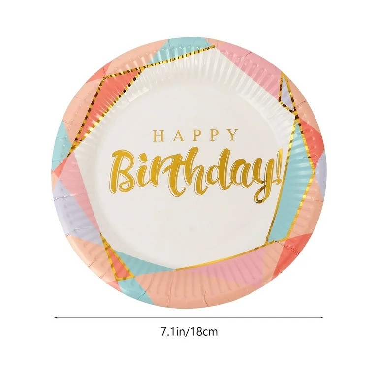 Хартиена чинийка златни букви Happy Birthday, 18 см диаметър, 10 бр. /Gx/