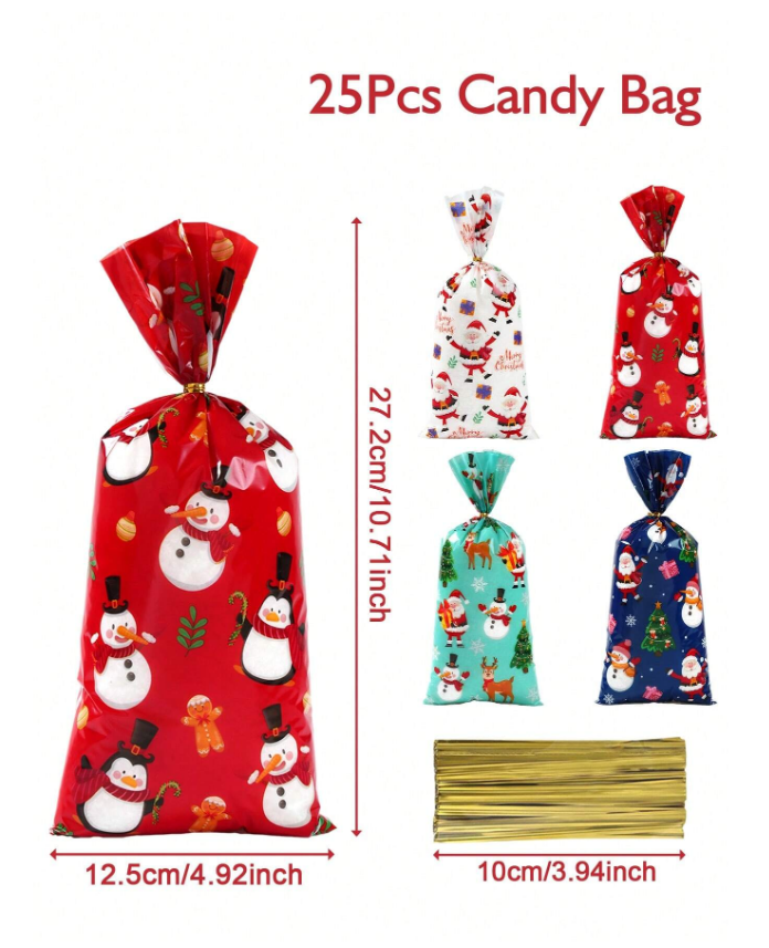 Подаръчни торбички, пликове за сладки, Коледа, Снежен човек, 12х27см, 25 бр. в опаковка /Ch/