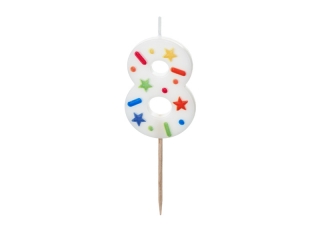 Свещичка цвят бял с конфети, цифра 8 /Pd/