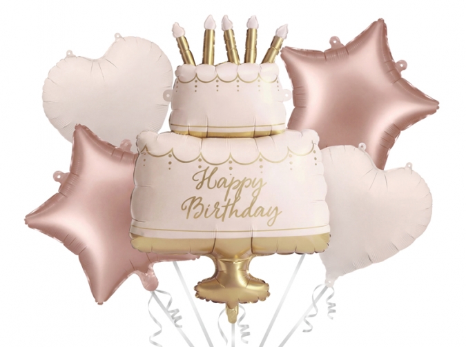 Комплект 5 бр. фолиеви балони Торта Happy Birthday в пастелни цветове /Pd/