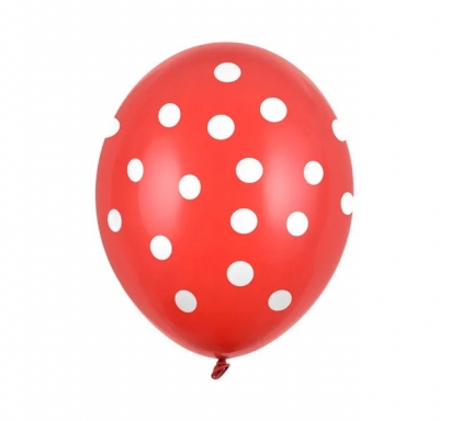Балон червен на бели точки, диаметър 30 см, 5 бр. в пакет /Pd/