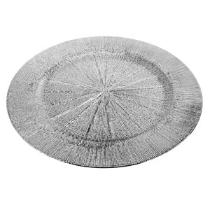 Коледно декоративно плато, кръгло, в сребристо със шагрен ефект и лъчист дизайн, 33 см /Mb/