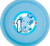 Хартиена парти чинийка Слонче Първи рожден ден момче цвят син бебе / First Birthday Elephant, 23 см. диаметър, 8 бр. в опаковка