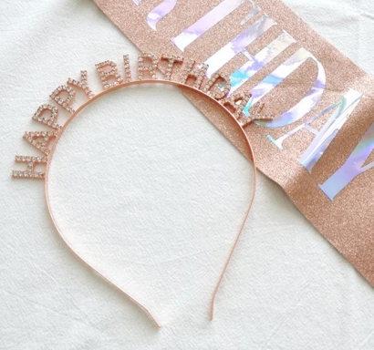 Парти комплект лента и диадема Happy Birthday, цвят розово злато брокат /Pe/