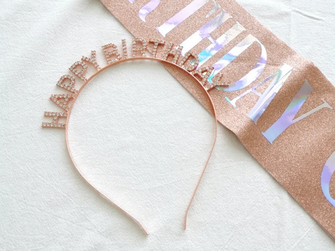 Парти комплект лента и диадема Happy Birthday, цвят розово злато брокат /Pe/