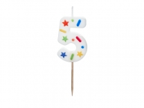 Свещичка цвят бял с конфети, цифра 5 /Pd/