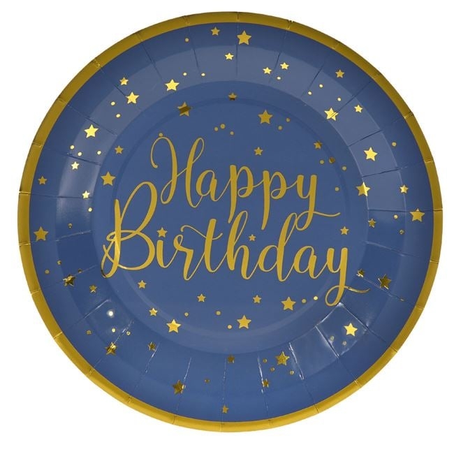 Хартиена чинийка в крафт и синьо Happy Birthday в златно, 6бр. в пакет /Mb/