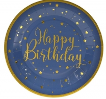 Хартиена чинийка в крафт и синьо Happy Birthday в златно, 6бр. в пакет /Mb/