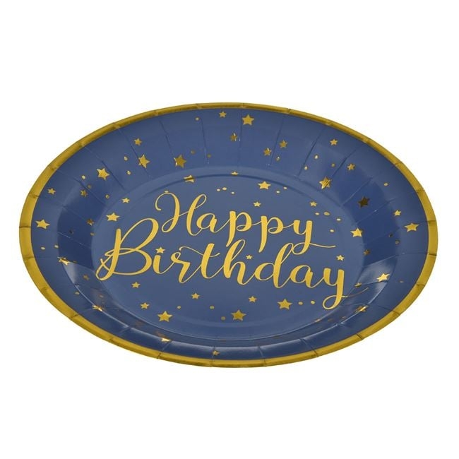 Хартиена чинийка в крафт и синьо Happy Birthday в златно, 6бр. в пакет /Mb/