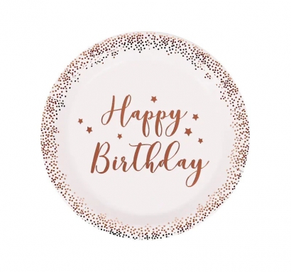 Хартиена чинийка Happy Birthday, в розово злато, 10бр. 22,5см /Km/