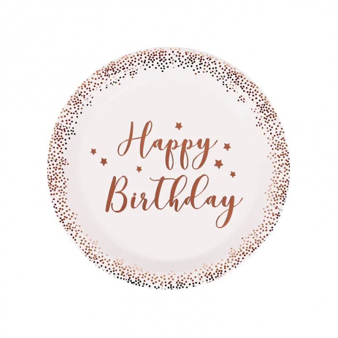Хартиена чинийка Happy Birthday, в розово злато, 10бр. 22,5см /Km/