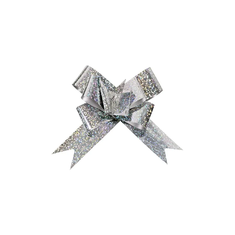 Панделка холограмна лента за подаръци с издърпване, цвят сребро /Km/