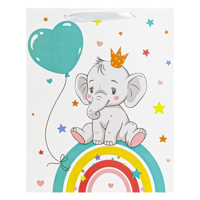 Подаръчна торбчка в синьо, слонче и дъга, златисто фолио, 26x14.5x32см /Mb/