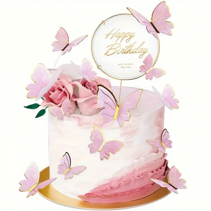 Декорация за торта Пеперуди с текст Happy Birthday в розово и златно /Pe/