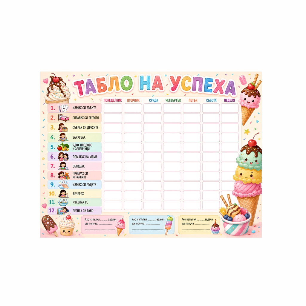 Табло на успеха, мотив Сладоледи, 30х40 см с вкл. цветен маркер
