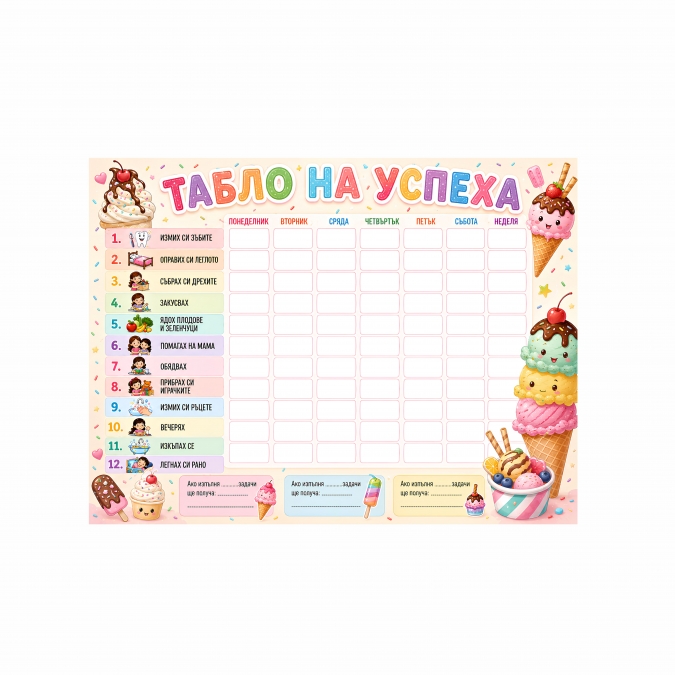 Табло на успеха, мотив Сладоледи, 30х40 см с вкл. цветен маркер