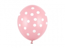 Балон розов на бели точки, диаметър 30 см, 5 бр. в пакет /Pd/