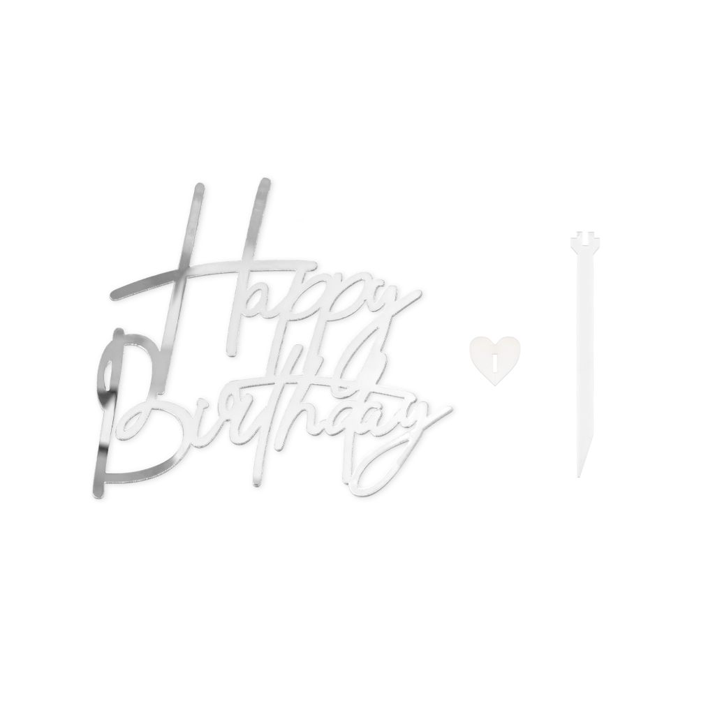 Декорация, топер за торта, фронтален, Happy Birthday, цвят сребро /Pp/