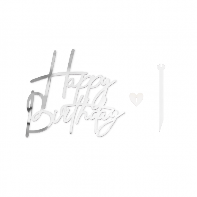 Декорация, топер за торта, фронтален, Happy Birthday, цвят сребро /Pp/