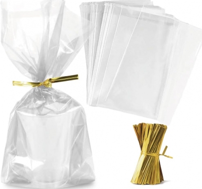 Подаръчни торбички целофан със златни връзки, 15х10см, 50бр. /Tm/