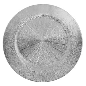 Коледно декоративно плато, кръгло, в сребристо със шагрен ефект и лъчист дизайн, 33 см /Mb/