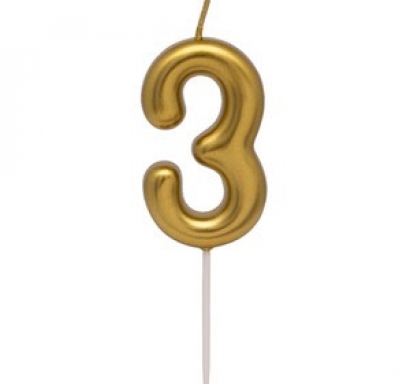 Свещичка цвят злато, цифра 3 /Pe/
