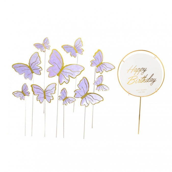Декорация за торта Пеперуди с текст Happy Birthday в лилаво и златно /Pe/