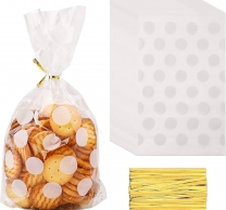 Подаръчни торбички целофан, бели точки и златни връзки, 27х12,5см, 50бр. /Pe/