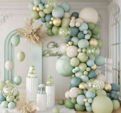 Комплект за арка 147 бр. балони в зелено мента, нежно синьо, бяло и златно хром /Ch/