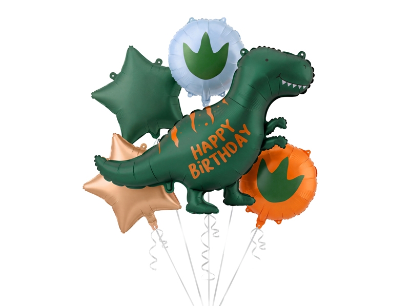 Комплект 5 бр. фолиеви балони Динозавър Happy Birthday в зелено и оранжево /Pd/