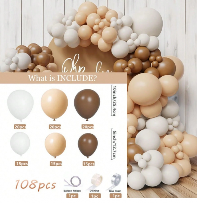 Комплект за арка 108 бр. балони в кафяво, бяло и лате /Ch/