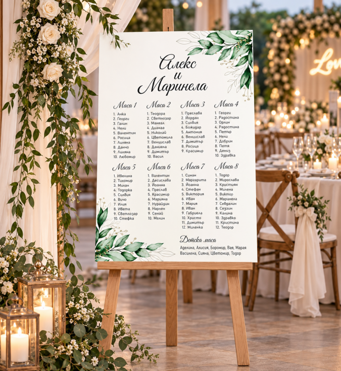 Табло за посрещане на гости с разпределение по маси, Сватба, 70х50см