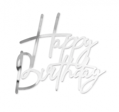Декорация, топер за торта, фронтален, Happy Birthday, цвят сребро /Pp/