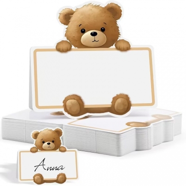 Тейбъл картичка в бяло с мече, 9х8,4см, 20бр. в опаковка /Tm/