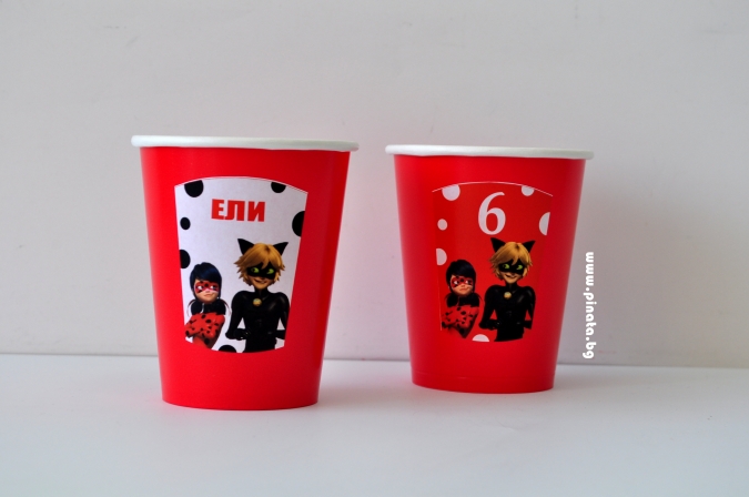 Персонализирана хартиена парти чашка 250 мл Калинката и Черния Котарак, 6бр. пакет