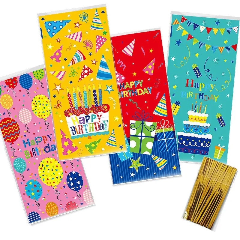 Подаръчни торбички целофан, торта Happy Birthday, 27х12,5см, 50бр. /Pe/