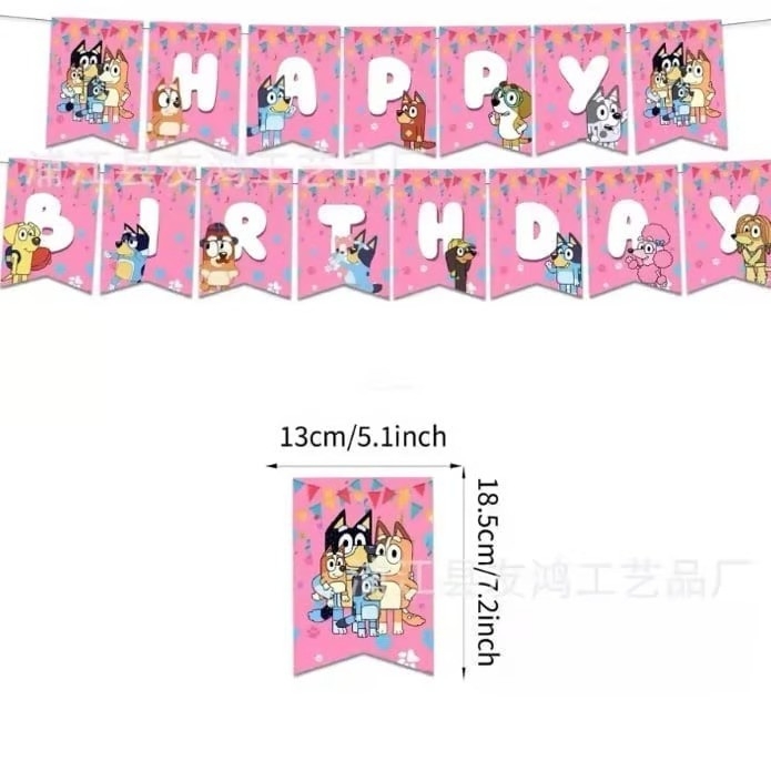 Банер гирлянд Блуи и Бинго, розов, Happy Birthday, 2,5м. /Pe/